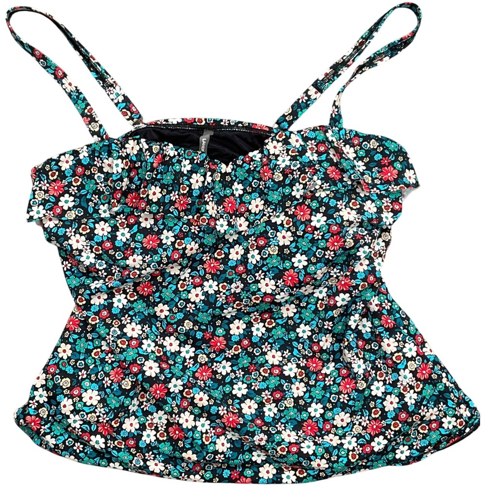 Lands End Tankini Top Women 8 Black Multi Floral Ruffle Swim Underwire‎ Bra